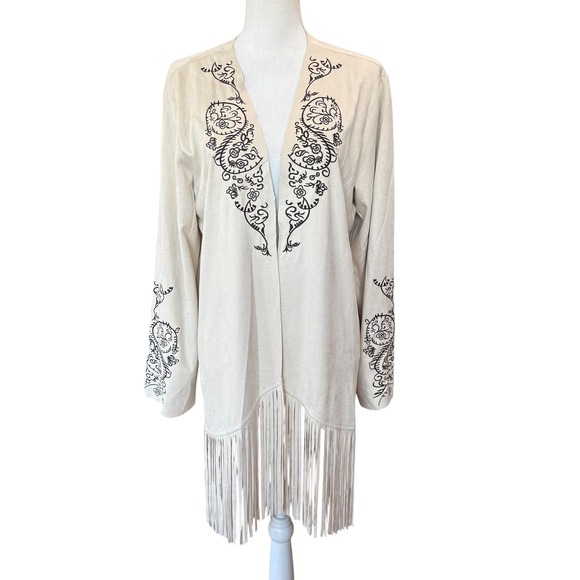 Vocal Lesal Upcycled Western Faux Suede Fringe Cardigan Cowgirl Graphic XL Cream - Picture 2 of 9